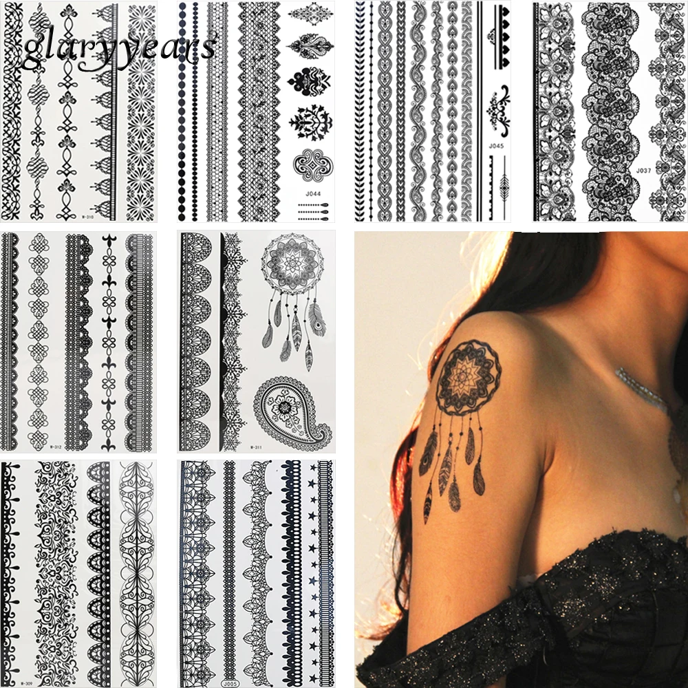 8 Listov Začasni Tattoo Nalepke Cvet Čipke Nakit Slog Ponaredek Črno Verigo Zapestnica Tatoo Ženski DIY Zapestje Body Art Nalepko Vroče