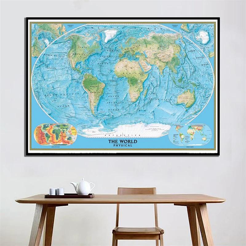 84x59cm Svetu Fizični Zemljevid s Svetovnega Tectonics in Podnebne Unframe Zemljevidu Sveta Stenski Dekor Plakat