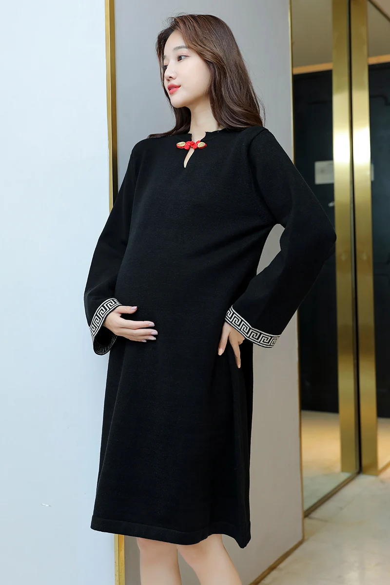 865# Jeseni, Pozimi Debele Pletene Porodniškega Obleko z Dolgimi Rokavi Črne Elegantne korejski Modnih Oblačil za Nosečnice Nosečnosti