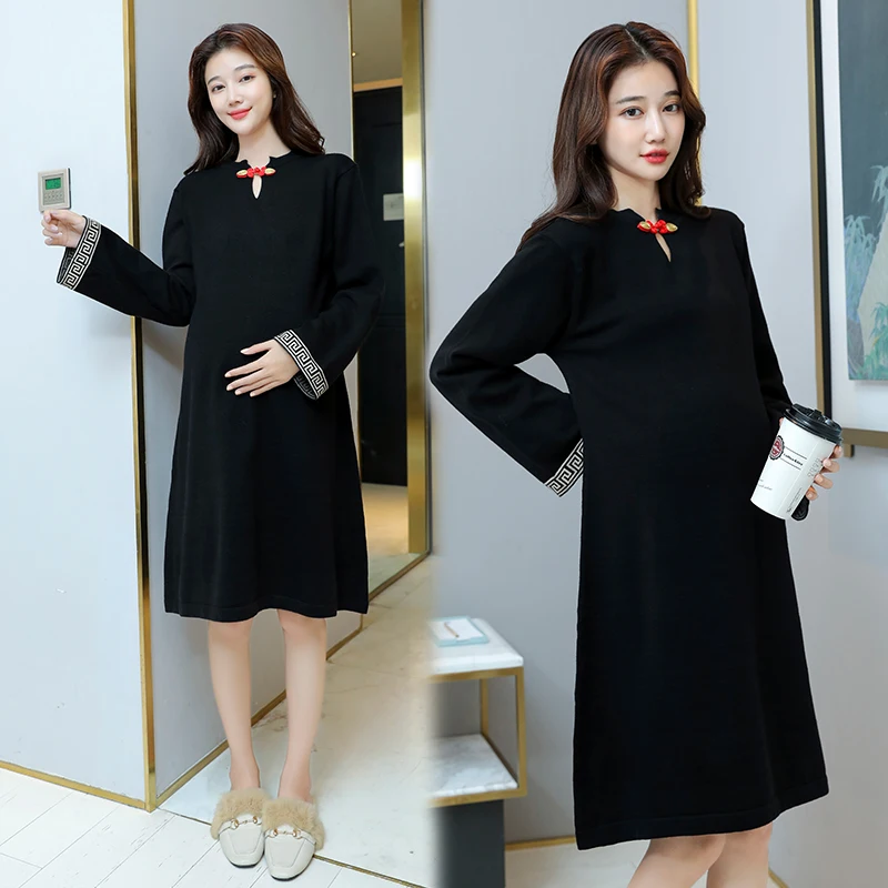 865# Jeseni, Pozimi Debele Pletene Porodniškega Obleko z Dolgimi Rokavi Črne Elegantne korejski Modnih Oblačil za Nosečnice Nosečnosti