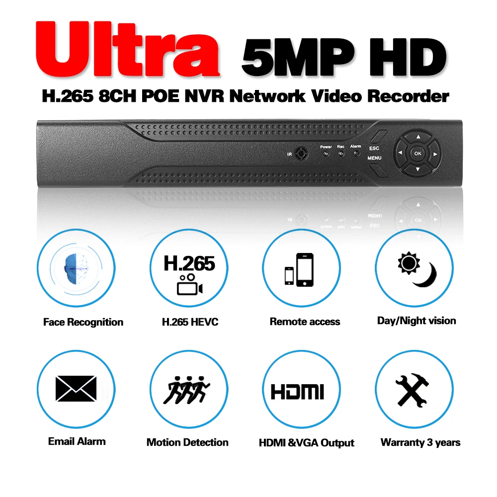 8CH 5MP Brezžični NVR POE Varnostne Kamere Sistem 3.5 mm Audio Iz Video Nadzora, Avdio Video Snemalnik Obraz Snemanje 2TB HDD Set