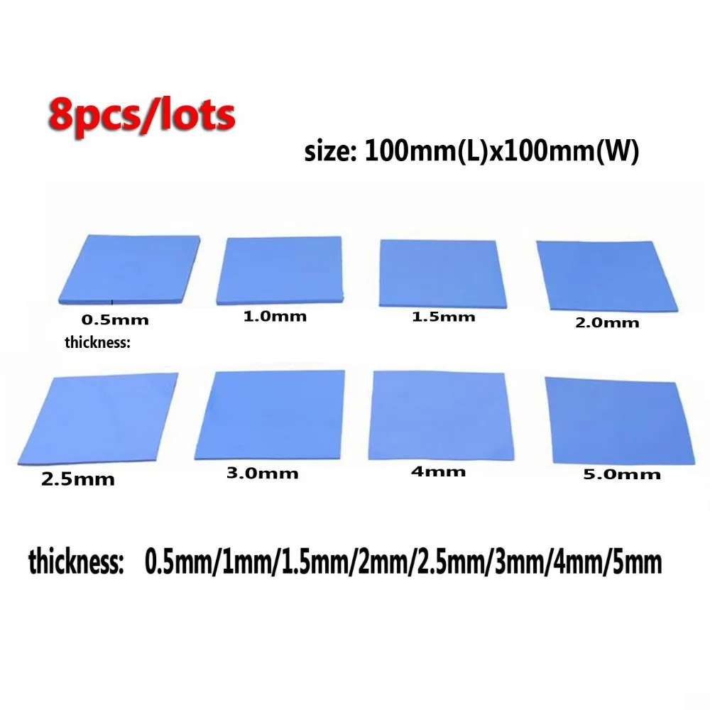 8pcs/set 8Size 100x0.5,1,1.5,2,2.5,3,4,5 mm Modra Bela Čip Prevodni Silikonski Heatsink Toplotne Pad