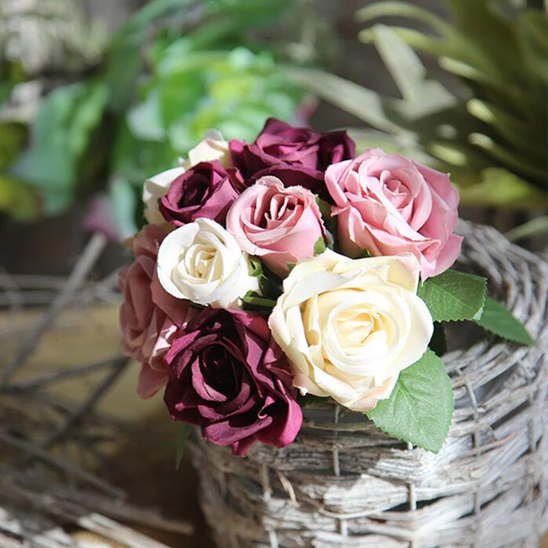 9 Glav Umetno Cvetje Svile Rose Šopek Ponaredek Cvetje, Poročne Poroko Imetnik Šopek Za Dom Vrt Stranka Poroka Dekoracija