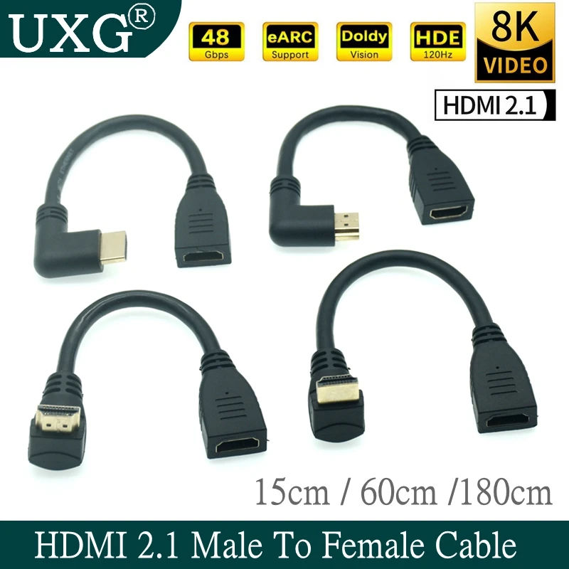 90 Stopinj Desno, Levo, Gor, Dol pod Kotom HDMI-2.1 Moški-Ženski Kabel 4K 120HZ 8K UHD HDR 48Gbps Kabel HDMI-Pretvornik 15 cm 60 cm 1,8 m