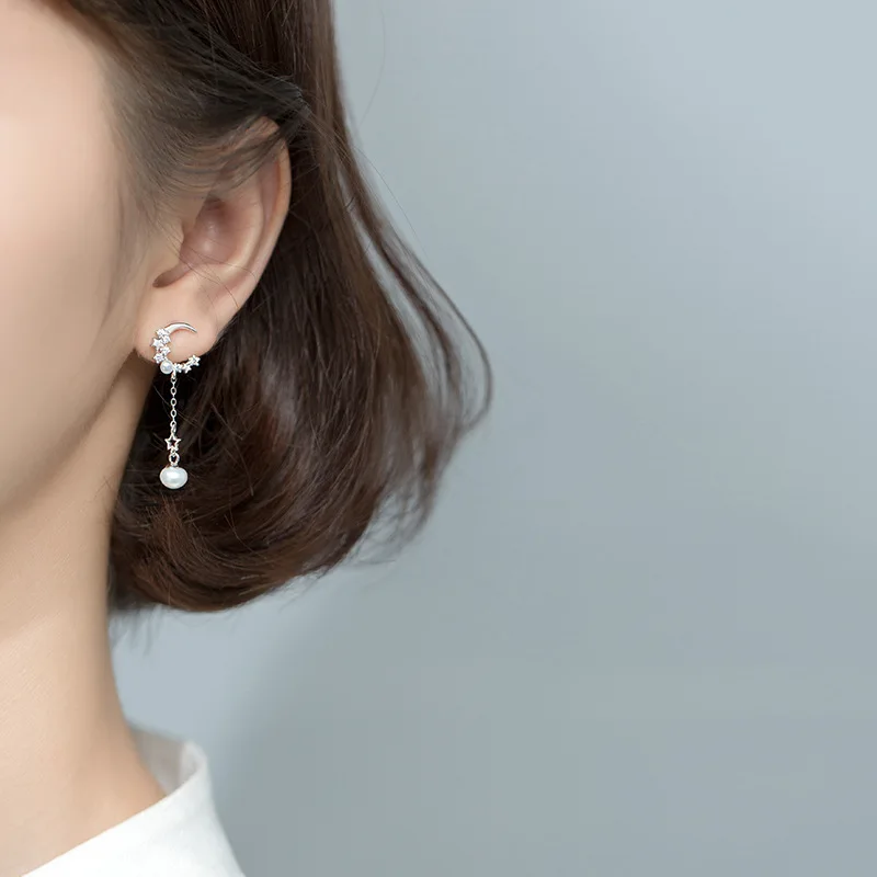 925 Sterling Srebro Korejski Moda Asimetrične Star & Luna Obliko Roza Kristalno Pearl Stud Uhani Za Ženske Lady Dekleta Nakit