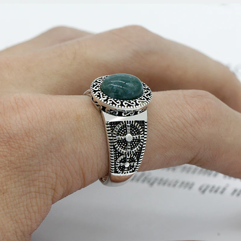 925 Sterling Srebro Unisex Ring Nastavitev Ovalne Zelenega Naravnega Kamna Brezčasno Vintage Stil Prst Prstan za Ženske, Moške Nakit za Ženske