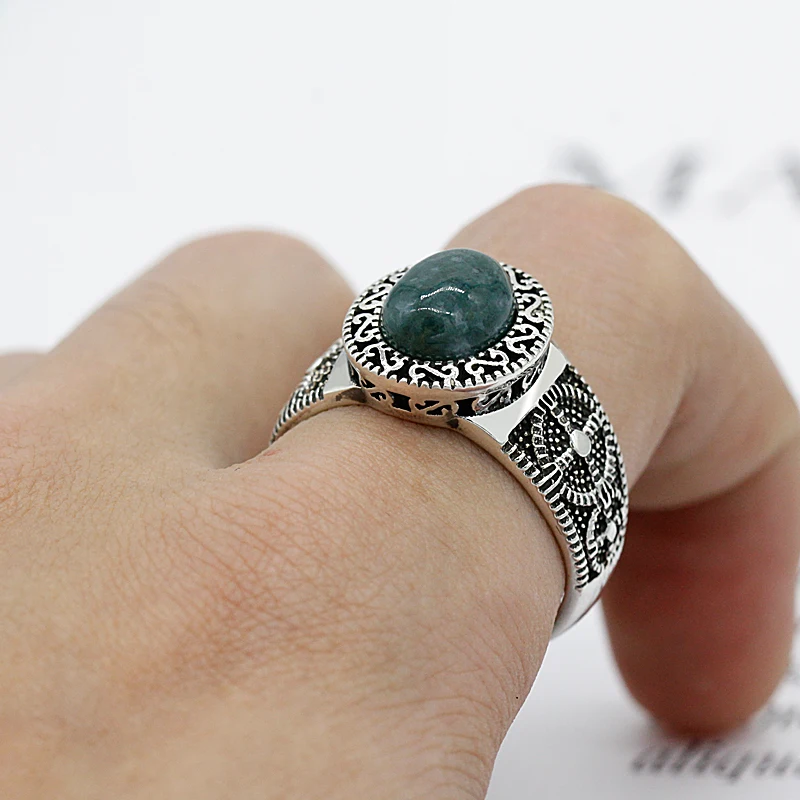 925 Sterling Srebro Unisex Ring Nastavitev Ovalne Zelenega Naravnega Kamna Brezčasno Vintage Stil Prst Prstan za Ženske, Moške Nakit za Ženske