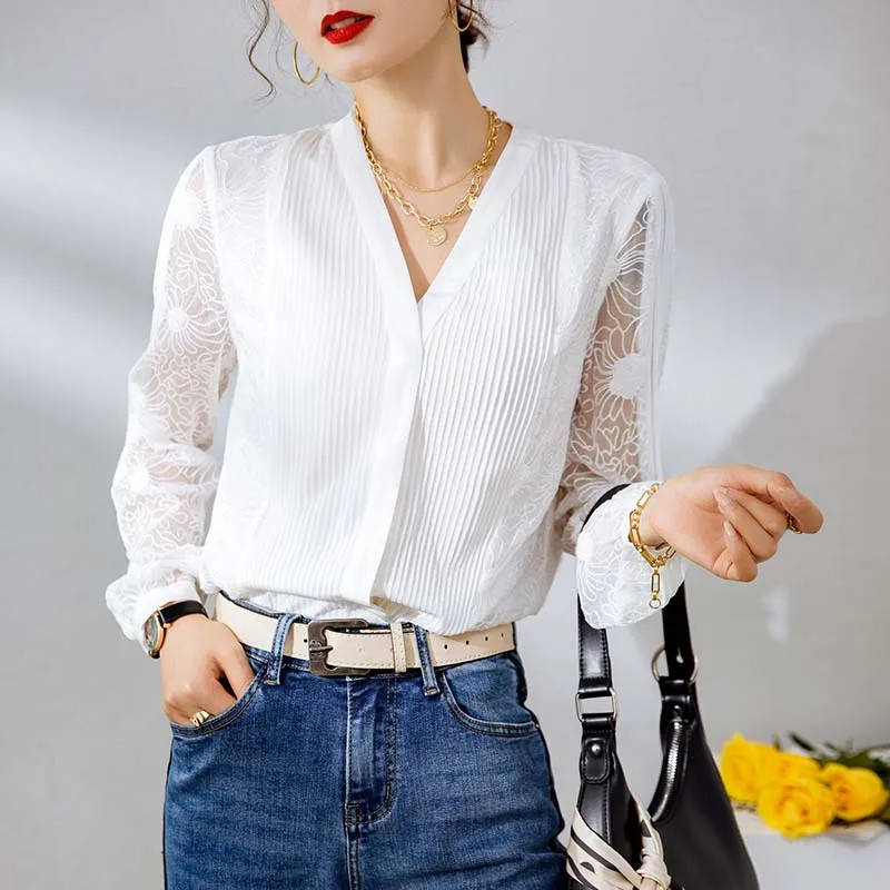 93% Svile 7% Spandex ženska Majica Seksi V Vratu Dolge Trakove Rokavi Vezenje Elegantno Bluzo Moda Vrhovi
