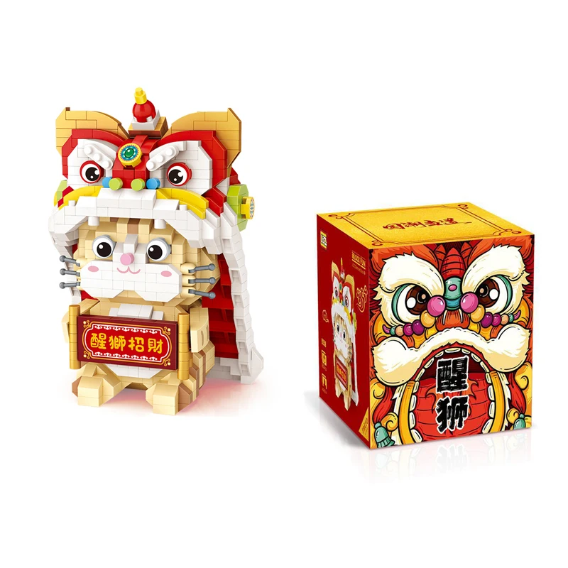 950pcs+ Cute Lev Ples Sreče Mačka Mini gradniki Kitajski Kulturi 11 cm 3D Model Loški Diamond Mikro Opeke Igrače za Otroke