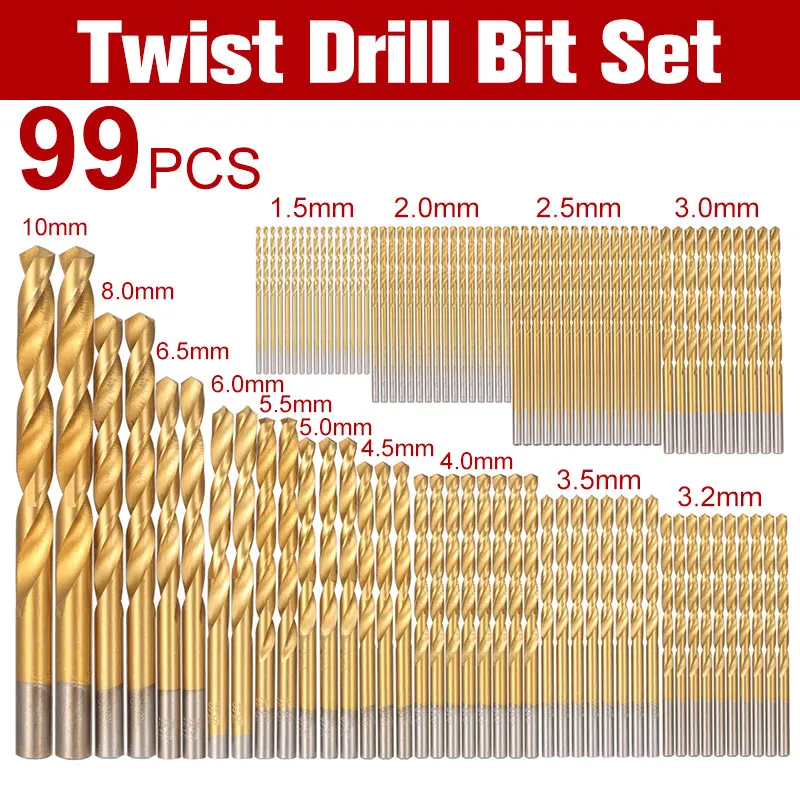99pcs HSS Titanium obložene Twist Drill Bit Nastavite na 1,5-10 mm Twist Vaje Bitov Kit Titana Nitrided Twist Drill