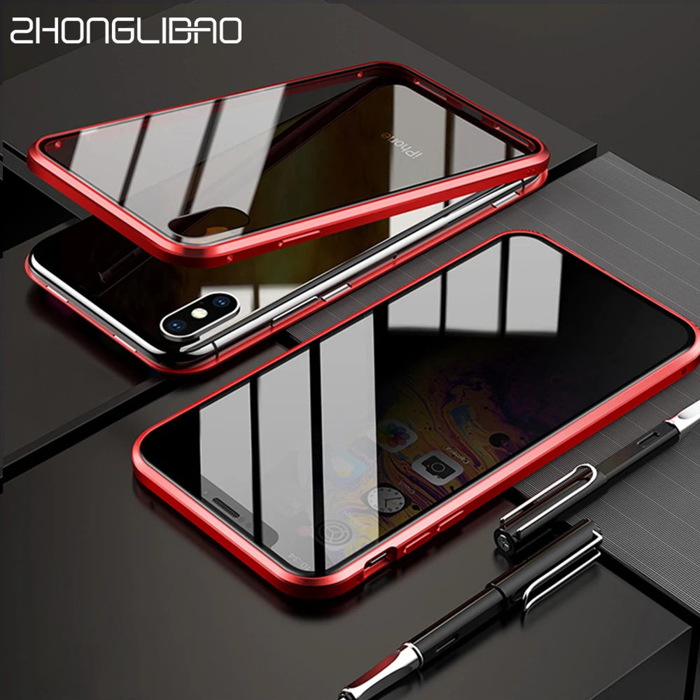 9H Kaljeno Steklo Ohišje za Iphone 11 Pro Xs Max 7 8 Plus X XR Anti-peeping Magnetni Kovinski Pokrov Magneta Dvojni Stranski Stekleni coque