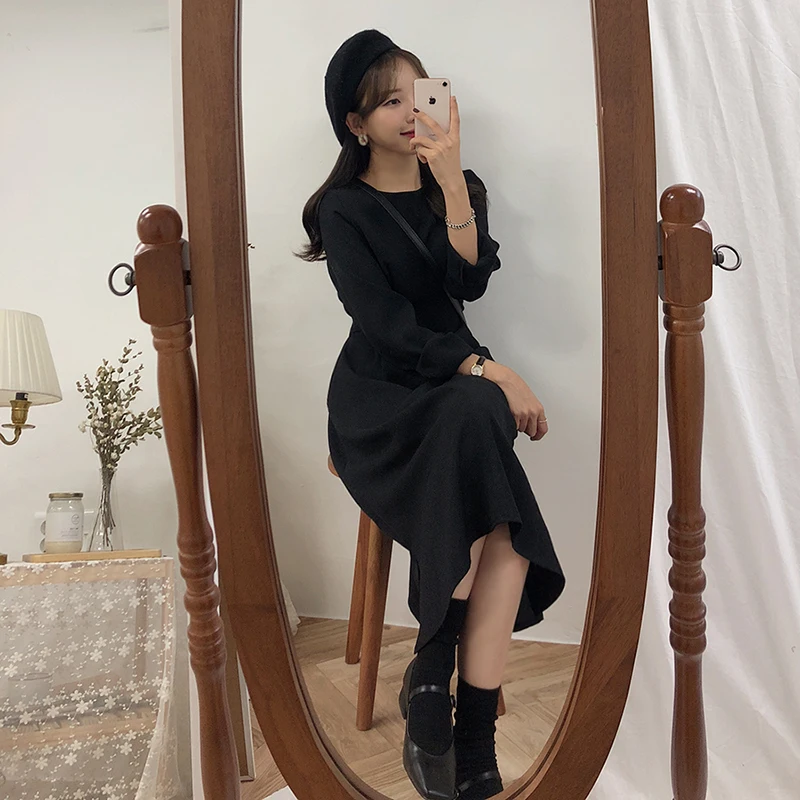 A Linija Obleke, Vroče Prodaje Ženske Zimske Osnovno Črno Obleko Preppy Stil Korejski Temperament Lady Lok Kravato Srčkan Vintage Obleko 2011