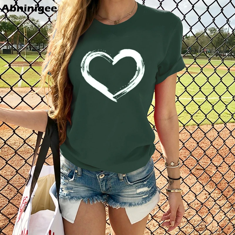 Abninigee Gospe T Shirt obliki Srca Print Majica s kratkimi rokavi Ženske O-vratu Par Obleko Ljubezen Tiskanje Kratek Rokav Priložnostne Vrh 2020