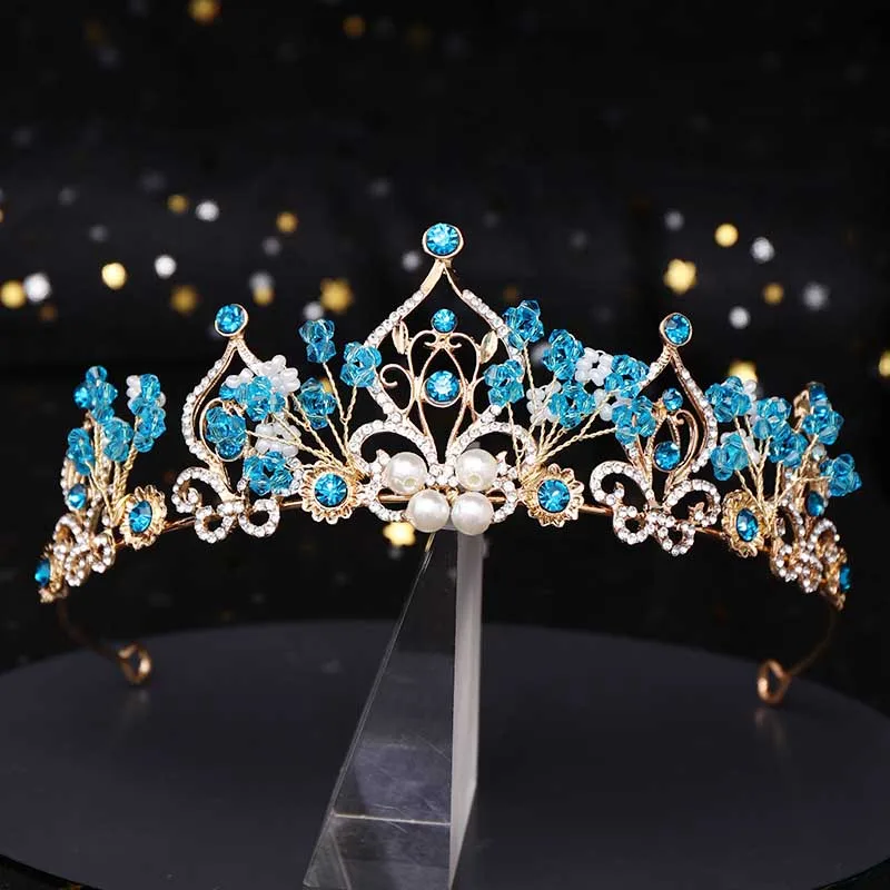 ACRDDK Poroka Poročni Dodatki, Luksuzne Modra Nosorogovo Tiara Ročno Kristalno Kron Princesa Lase Tiara Rojstni dan Tiara