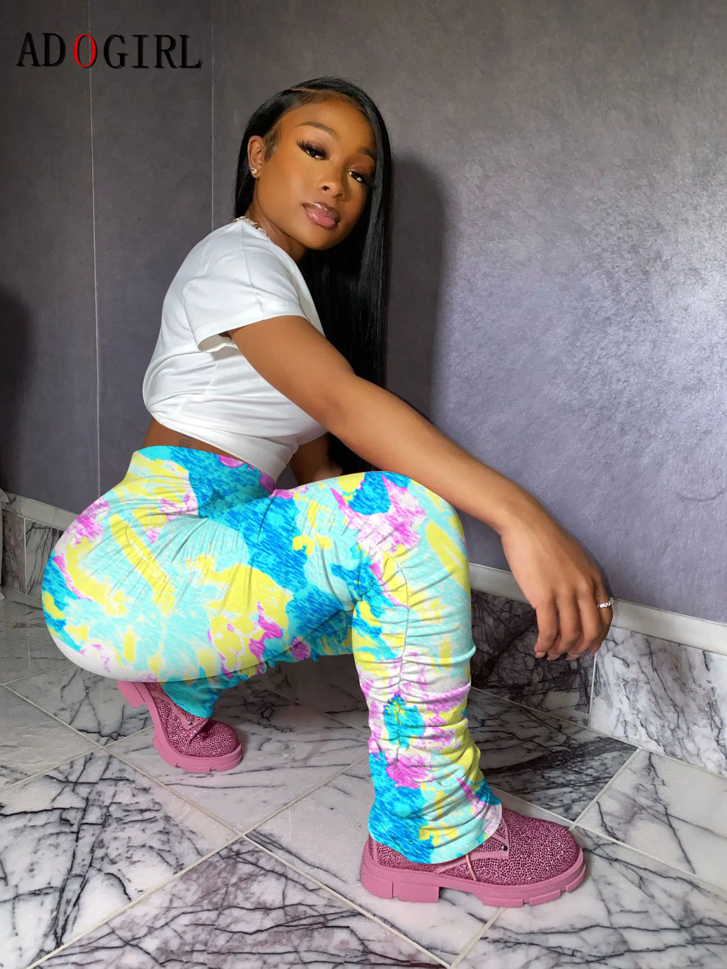 Adogirl Moda Tie Dye Zložene Sweatpants Ženske Visoko Pasu Hip Hop Priložnostne Joggers Hlače Zložene Dokolenke Plus Velikost 2020