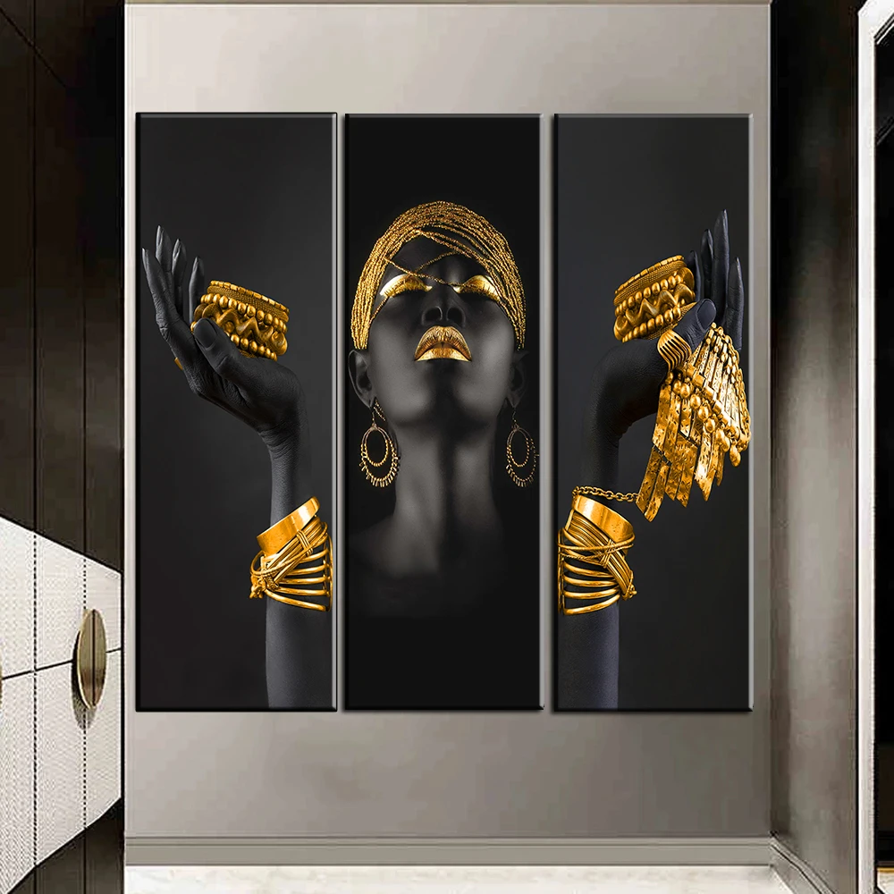 Afriška ženska steno umetnost, slikarstvo, umetnost plakatov in fotografij big black ženska ima zlato nakit platno slike doma dekor