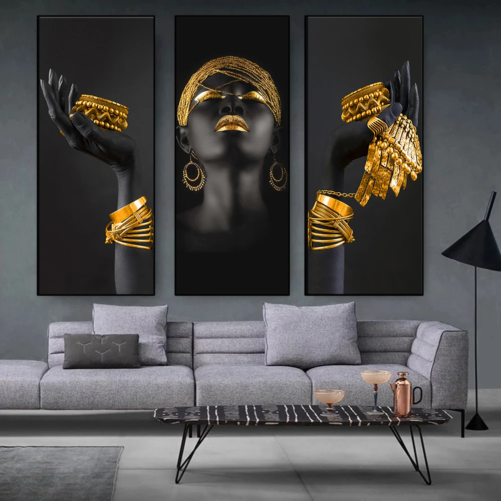 Afriška ženska steno umetnost, slikarstvo, umetnost plakatov in fotografij big black ženska ima zlato nakit platno slike doma dekor