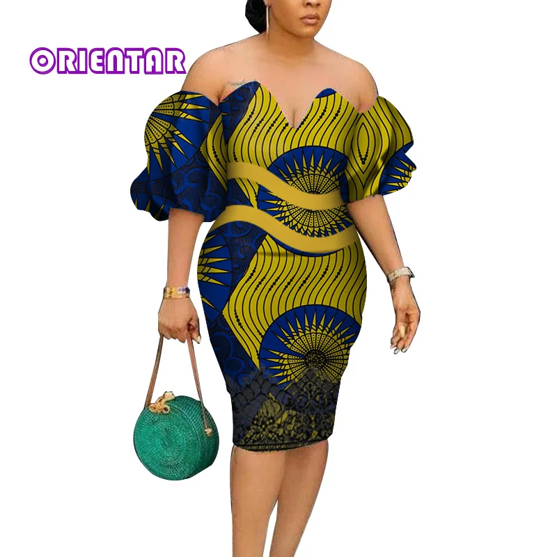 Afriške Obleke za Ženske Bazin Riche Afriki Tiskanja Midi Obleko Lady Seksi Poševnica Vratu Ankara Stranka Obleko Afriška Oblačila WY4522
