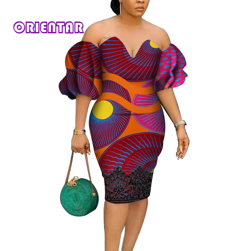Afriške Obleke za Ženske Bazin Riche Afriki Tiskanja Midi Obleko Lady Seksi Poševnica Vratu Ankara Stranka Obleko Afriška Oblačila WY4522