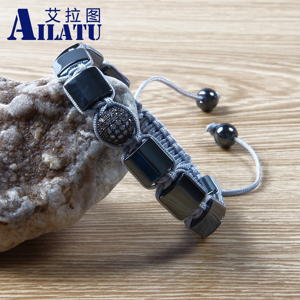 Ailatu Debelo 10pcs/veliko Črno Helmatite Kamen trg z Jasno Cz Kroglice Macrame Vpletanje Zapestnica za Moške Darilo