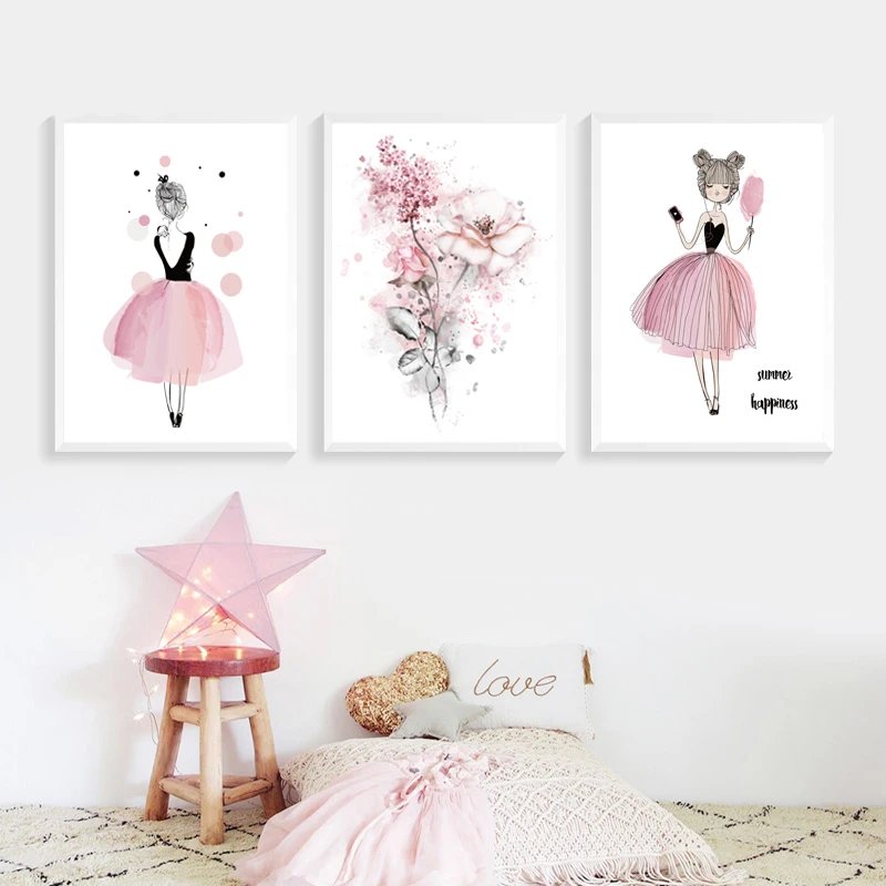 Akvarel Pink Princess Slikarsko Platno Cvetje Wall Art Plakat, Rojstni dan, Darila za Nordijsko Slike za Dekleta, Otroci Soba Doma Dekor