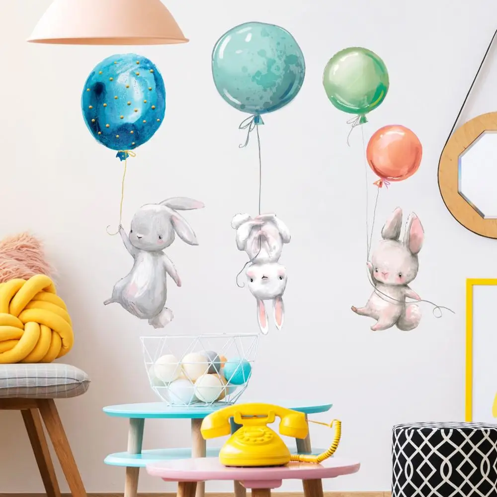 Akvarel srčkan zajec stenske nalepke za otroke, otroke sobe dekor risanka balon zajček pvc nalepke doma dekoracijo stenske freske