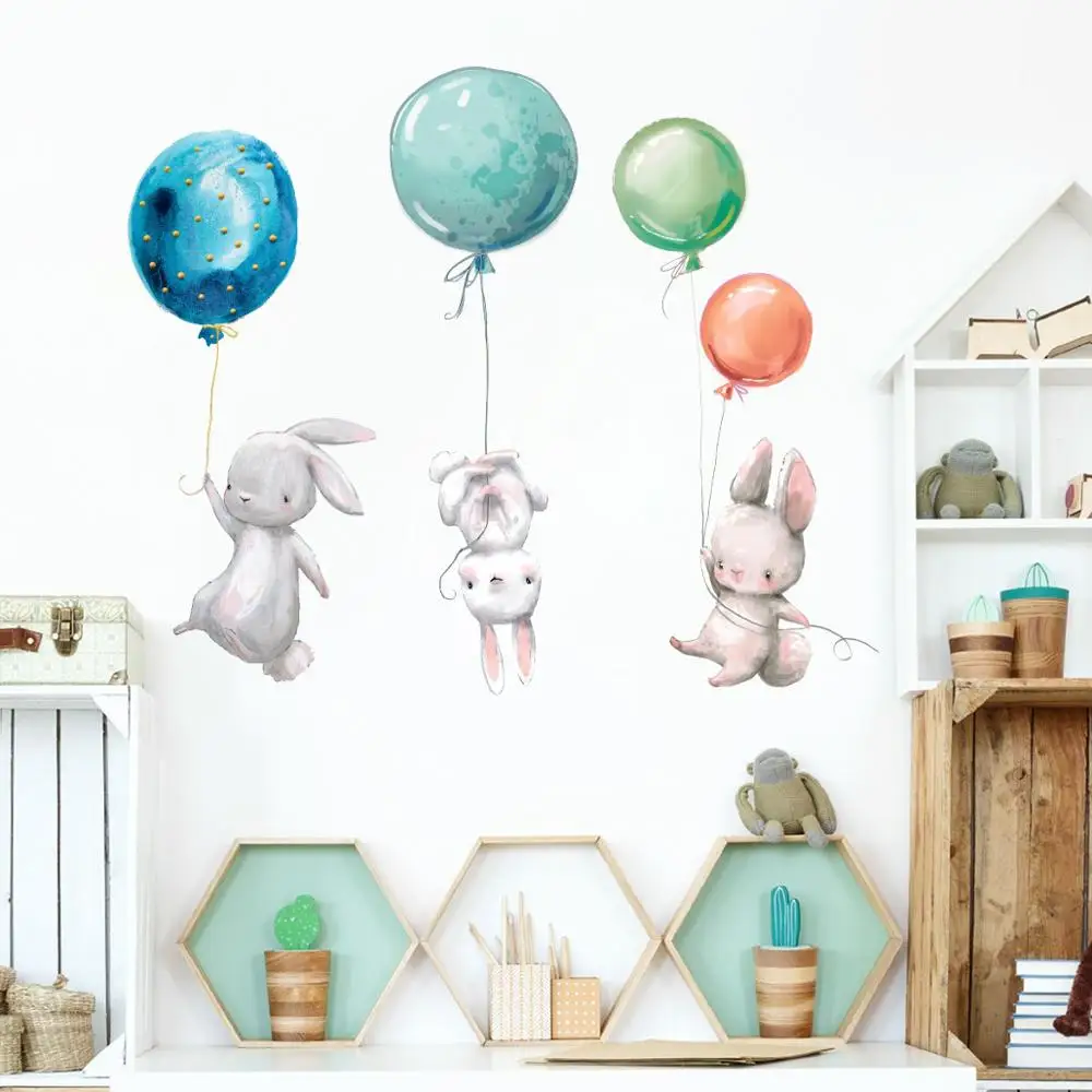 Akvarel srčkan zajec stenske nalepke za otroke, otroke sobe dekor risanka balon zajček pvc nalepke doma dekoracijo stenske freske