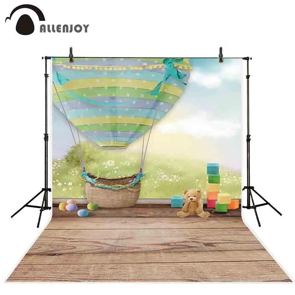 Allenjoy Velikonočni photogrphic ozadje pomlad jajce medvedek vroč zrak balon, lesena tla ozadju otroka foto studio photophone