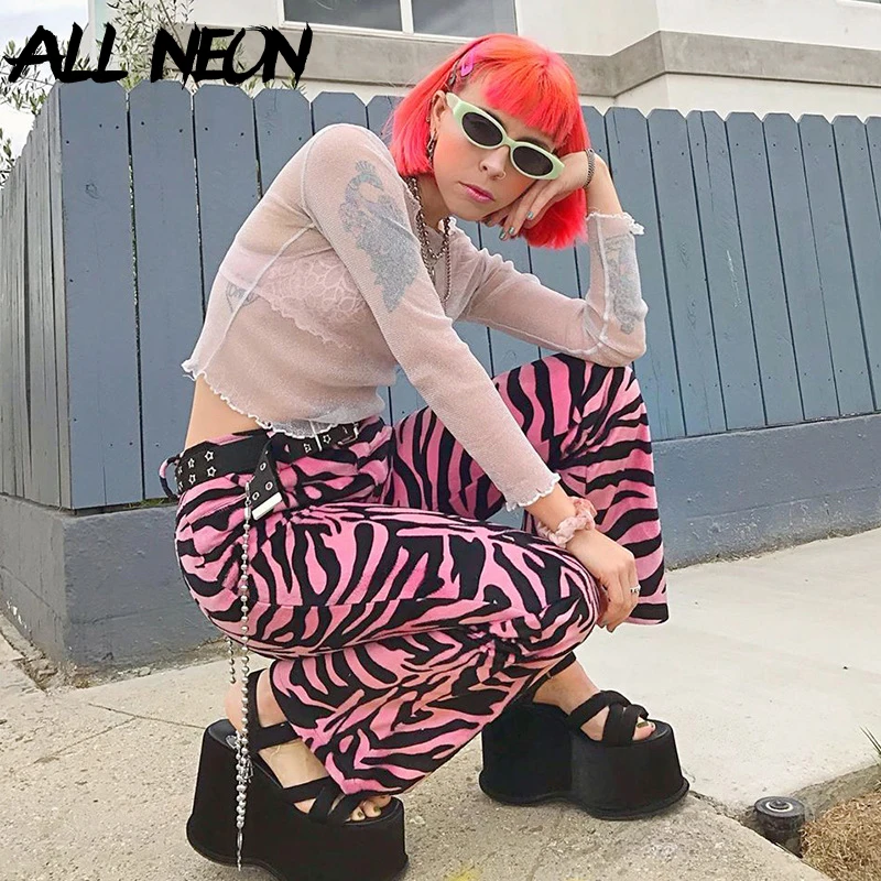 ALLNeon Y2k Estetike Roza Zebra Tiskanje Dolge Hlače E-girl Punk Stil Mid-pas Loosed Naravnost Sopihanje 90. letih Ulične Hlače