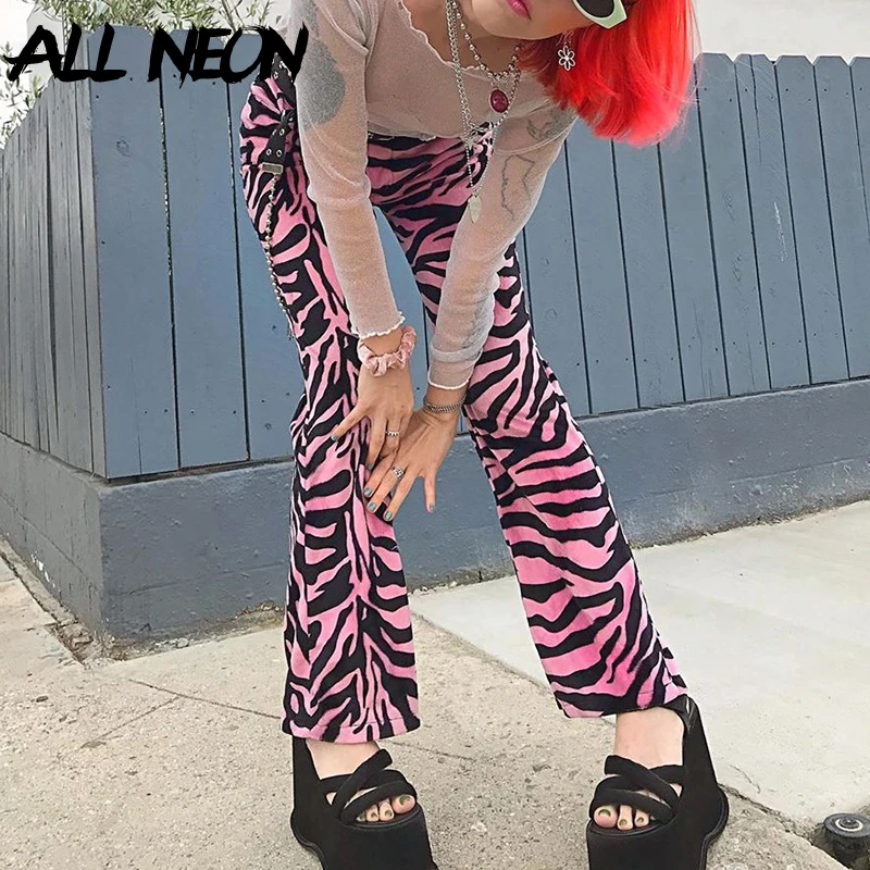 ALLNeon Y2k Estetike Roza Zebra Tiskanje Dolge Hlače E-girl Punk Stil Mid-pas Loosed Naravnost Sopihanje 90. letih Ulične Hlače