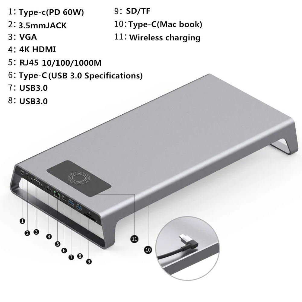 Aluminijasta Stojala za Razširitveno Postajo z USB C Hub Podporo 4K HDMI VGA TF Kartice Brezžično Polnjenje JHP-Najboljši