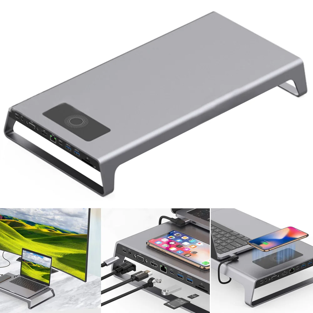 Aluminijasta Stojala za Razširitveno Postajo z USB C Hub Podporo 4K HDMI VGA TF Kartice Brezžično Polnjenje Laptop Stojala Za Igre Urad