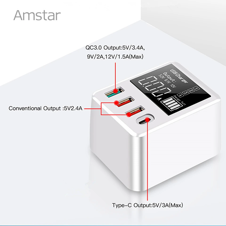 Amstar Hitro Polnjenje 3.0 30W Polnilnik USB LED Zaslon Mini USB Tip C Polnilnik Za iPhone, Samsung Huawei Potovanja Stenski Adapter