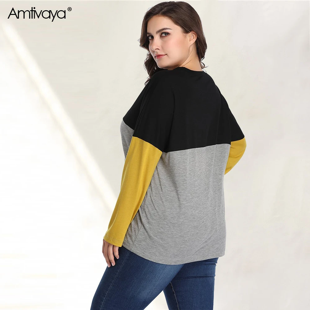 Amtivaya 2020 Ženska Majica Barvni Mozaik O-Vratu Dolge Rokave Vrhovi Plus Velikost Tees za Ženske 5XL Moda Velika Velikost Majice