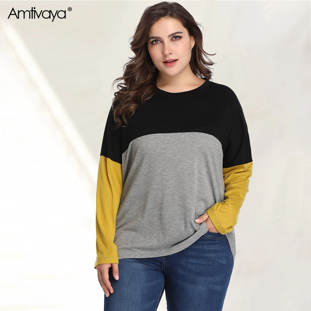 Amtivaya 2020 Ženska Majica Barvni Mozaik O-Vratu Dolge Rokave Vrhovi Plus Velikost Tees za Ženske 5XL Moda Velika Velikost Majice