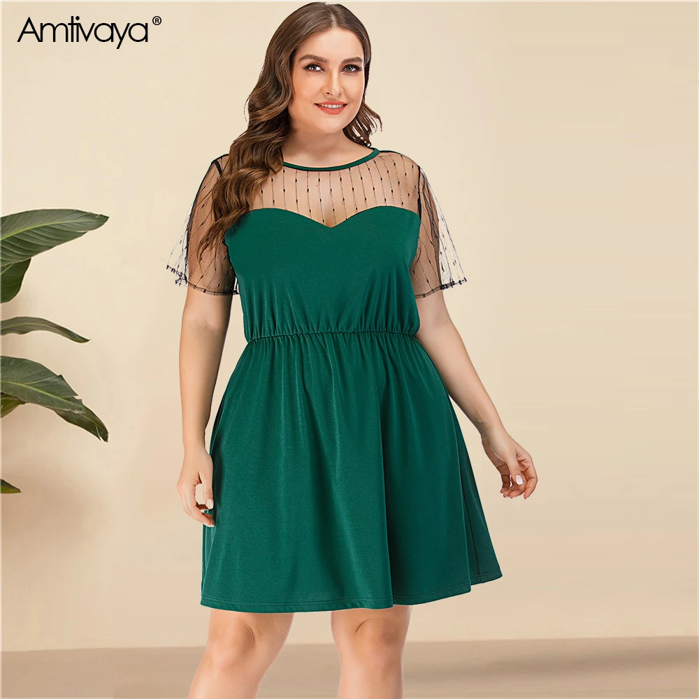 Amtivaya Zeleni Plus Velikost Velik Obleko 2020 Modne Poletne Ženske Seksi Očesa Šivanje Proti-vrat Kolen Dolžino Krila