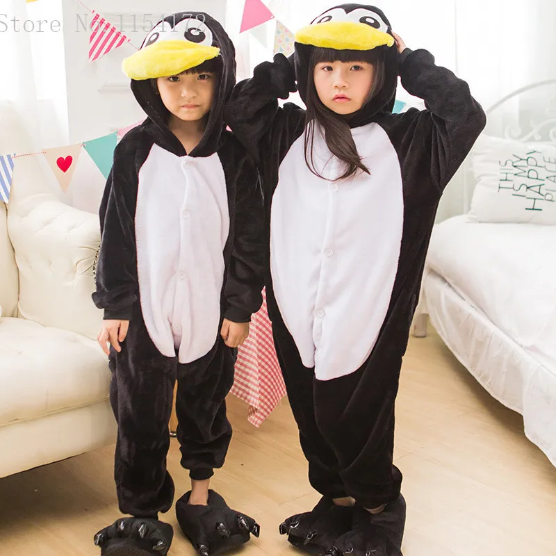 Anime Srčkan Pingvin Jumpsuit Cosplay Pingvin Onesie Kigurumi Otroci Flanela Živali Pižamo Anime Risanke Kostume Otroci Sleepwear