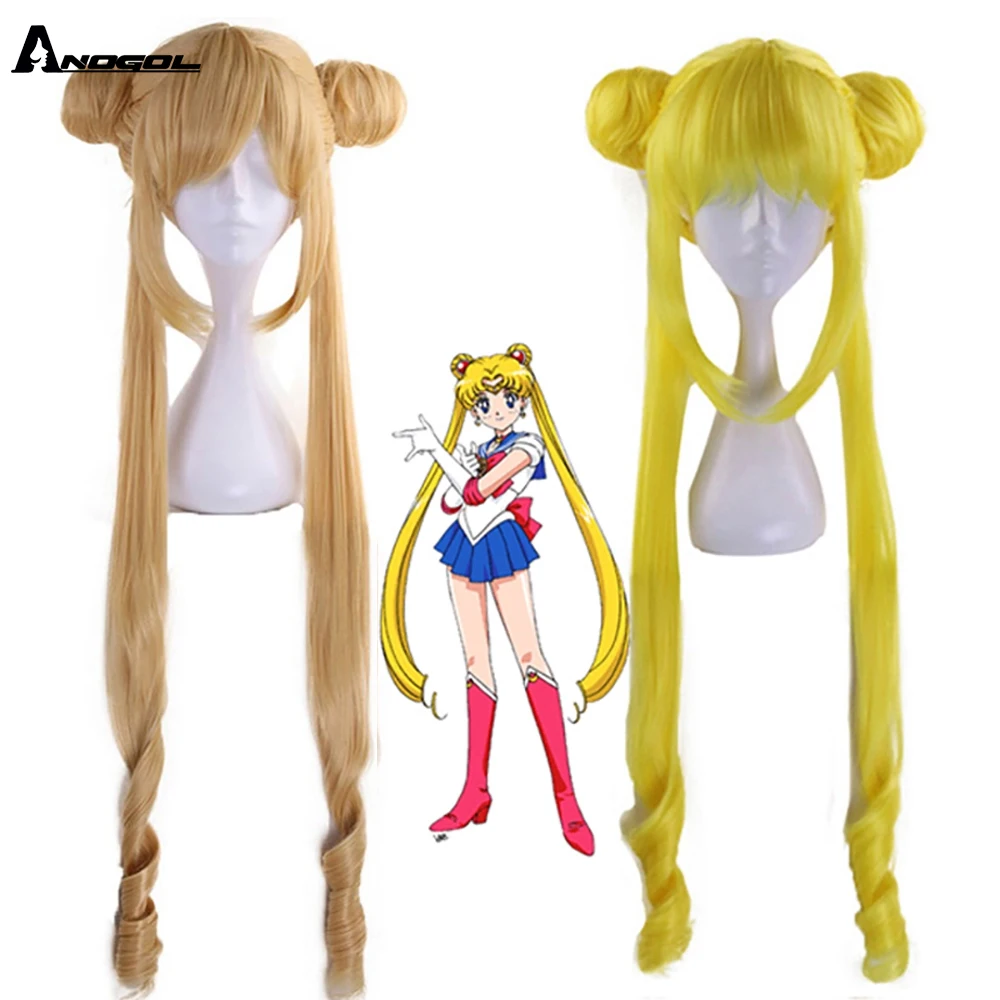 Anogol Čisto Nov Sailor Moon Usagi Tsukino Dolge Kodraste Blondinka Dvojno Čop, Sintetičnih Cosplay Lasuljo Za Dekle Kostum Stranka