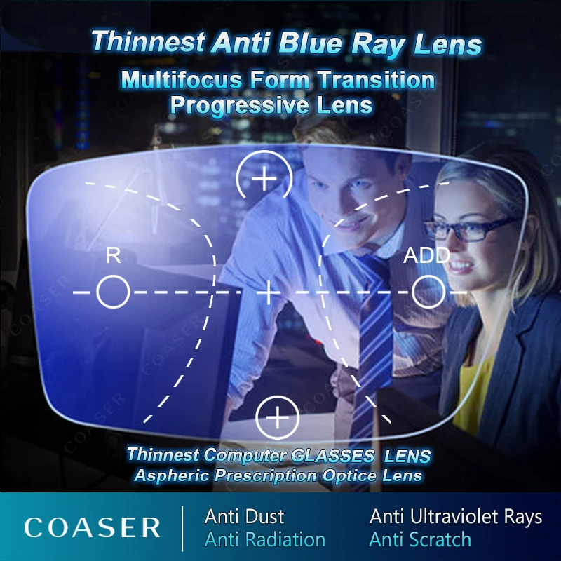 Anti modra svetloba Postopno Objektiv Prosti Obliki Multifokalna Recept Optični Progresivna Očala Progressiva 1.56 1.61 1.67