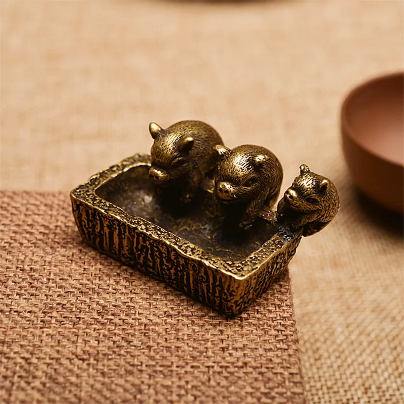 Antični Bronasti Treh Prašičev Brat Kip Desk Ornament Baker Prašičev Utor Miniaturne Figurice Kadila Gorilnik Srečo, Medenina Obrti