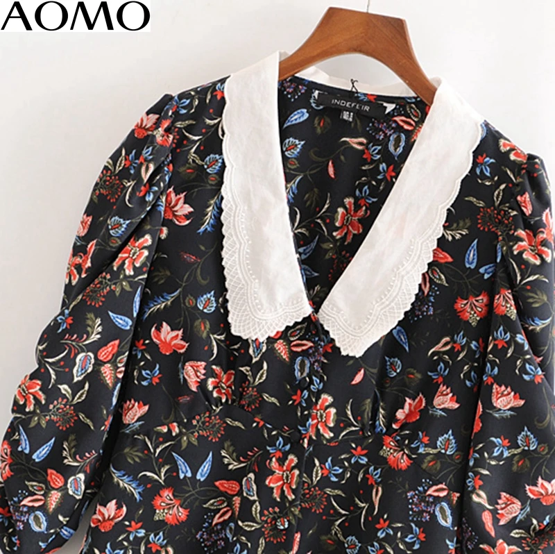 AOMO 2020 moda za ženske tiskanja cvetovi mini obleka peter pan ovratnik puff dolg rokav dame letnik kratko obleko vestidos 3H63A