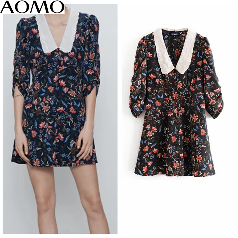 AOMO 2020 moda za ženske tiskanja cvetovi mini obleka peter pan ovratnik puff dolg rokav dame letnik kratko obleko vestidos 3H63A