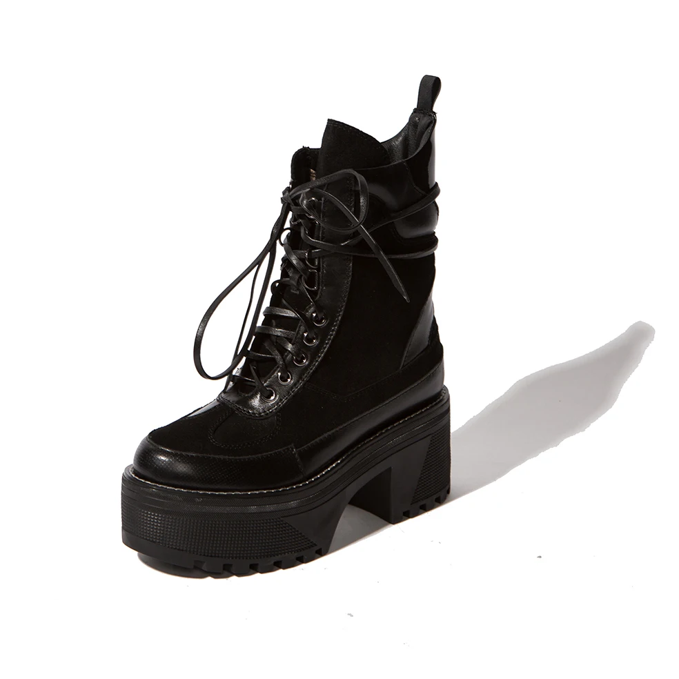 Arden Furtado 2019 pristen krava usnja, modni čevlji za ženske čipke platformo kvadratnih pete priložnostne gleženj škornji kratek plišastih čevlji