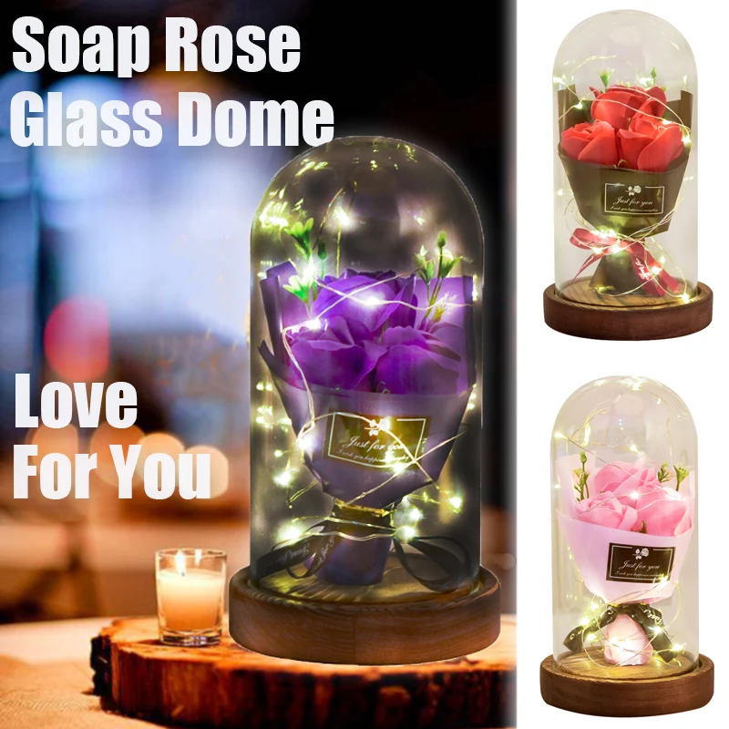 Aromaterapija Milo Rose LED Luči Milo Šopek rož Steklena Kupola Poroko Umetne Rože Valentines Rojstni dan Mater Dan Darilo