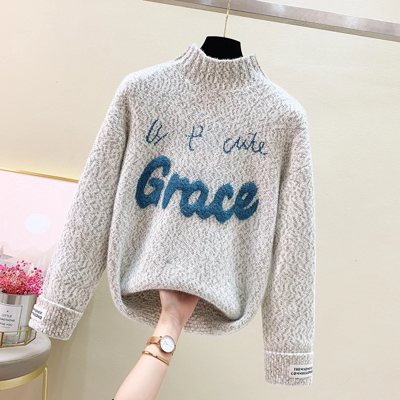 [ARQ] Spomladi in Jeseni 2021 novo zgosti pulover ohlapen pulover monogram vezene pulover