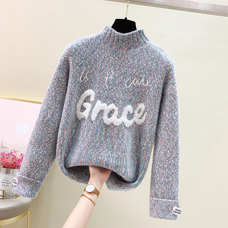 [ARQ] Spomladi in Jeseni 2021 novo zgosti pulover ohlapen pulover monogram vezene pulover