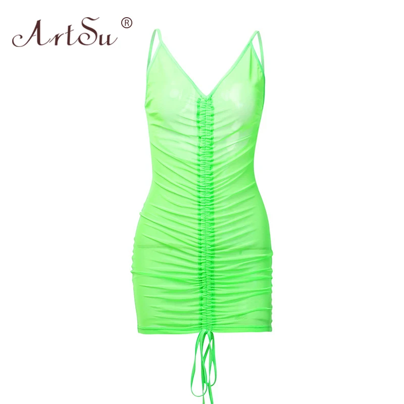 ArtSu Neon Zelena Odklon Očesa Seksi Votlih Iz Poletje Obleko Backless: Špageti Trak Ruched Mini Povoj Obleka Ženske Plaži Kritje
