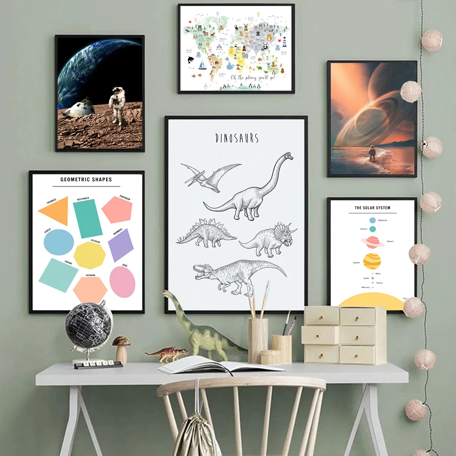 Astronavt Prostor Sanjač Dinozaver Planet Zemljevid Wall Art Platno Slikarstvo Nordijska Plakatov In Fotografij Stenske Slike Za Dnevno Sobo