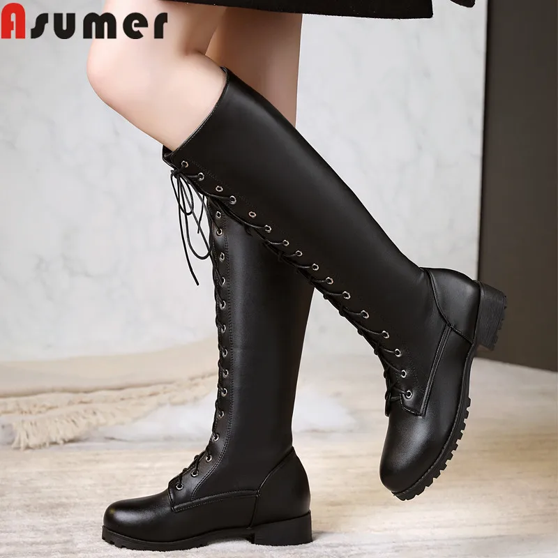 ASUMER 2020 velika velikost 34-48 Najnovejši kolena visoki škornji ženske čipke jedrnato nizkih petah priložnostne čevlji za jesen zimo dolgo, ženska, čevlji