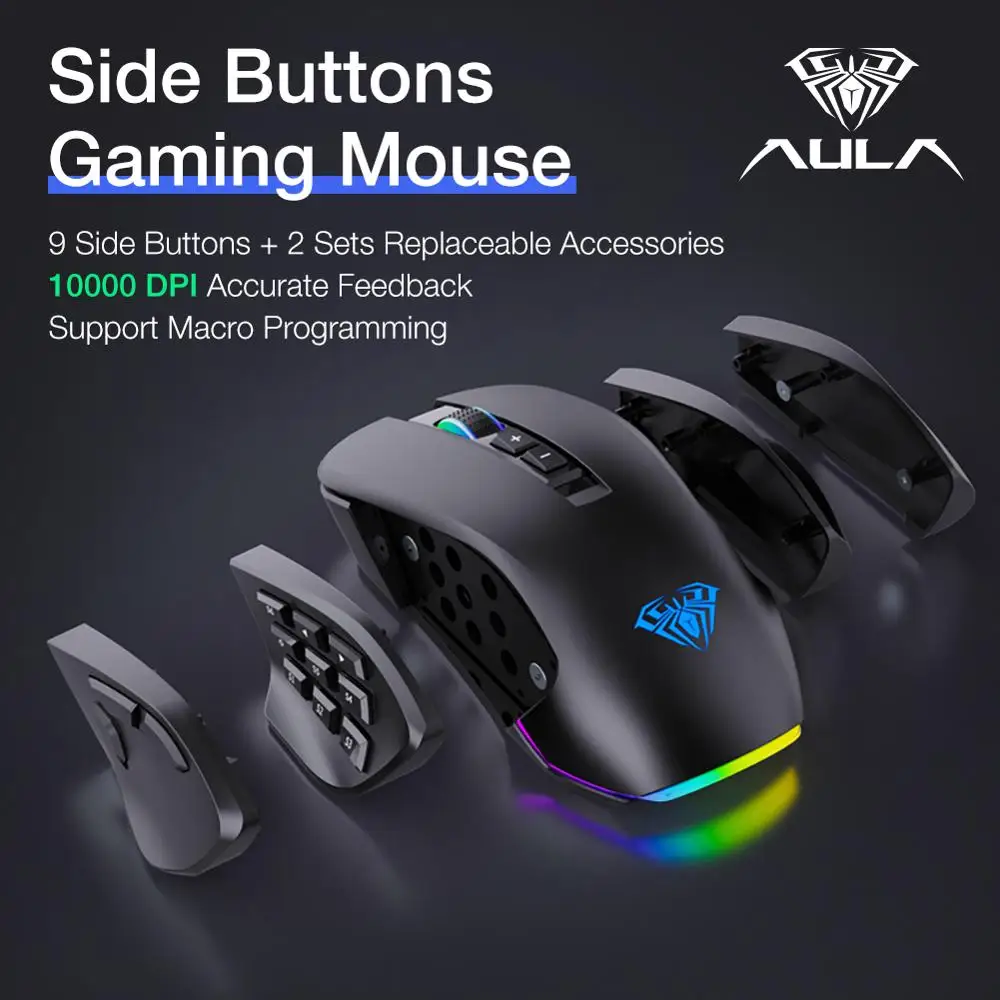 AULA RGB Gaming Miška 10000 DPI Strani Gumbov Makro Programabilni Ergonomska 14 Tipka Žični, USB, Če je Igralec Miši za Prenosni računalnik Desktop